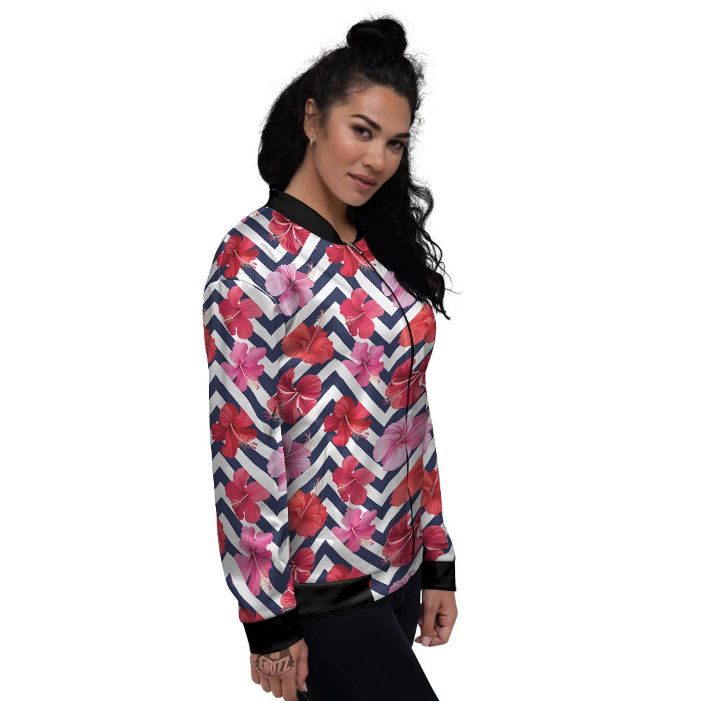 Hibiscus Zigzag Pink Print Pattern Women's Bomber Jacket-grizzshop