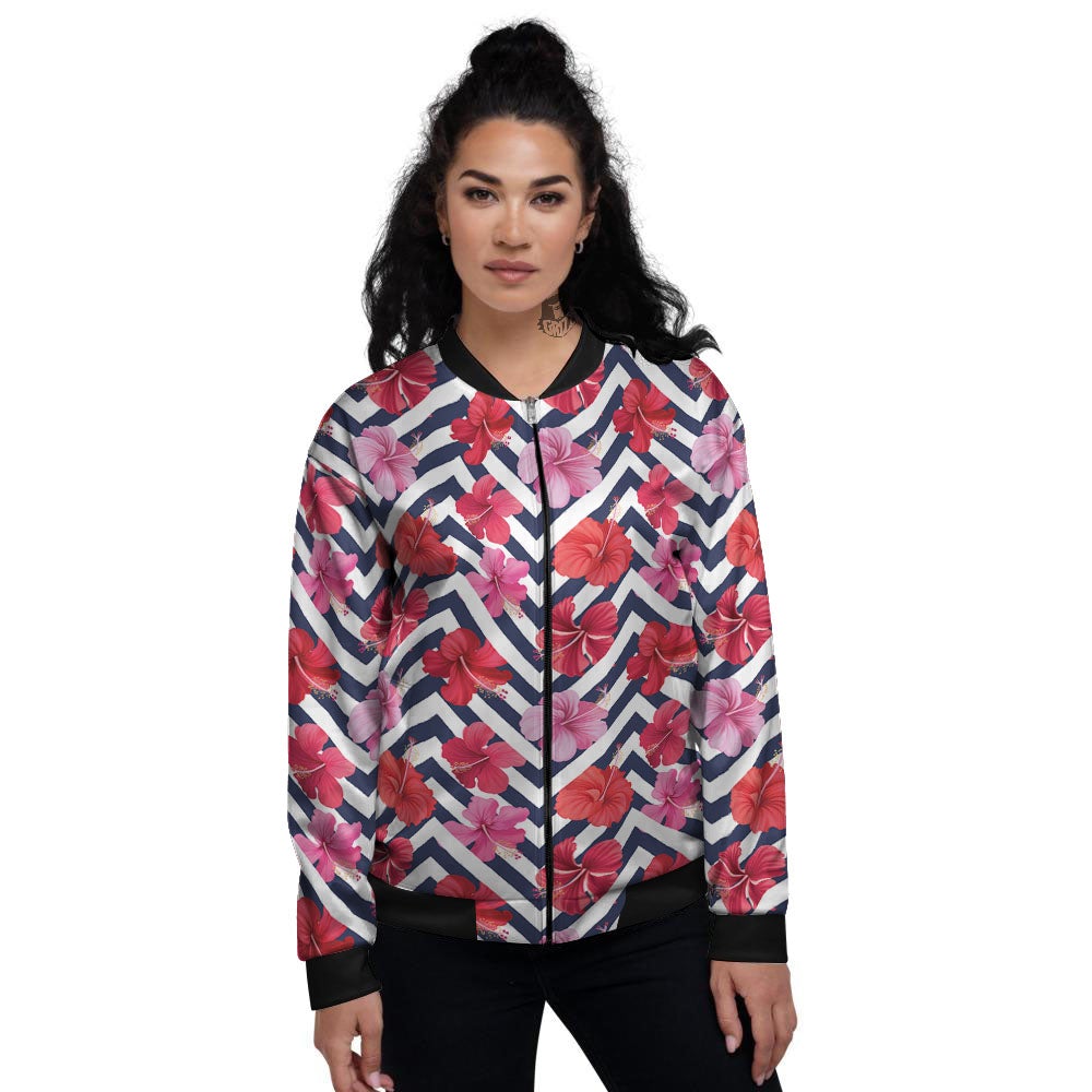 Hibiscus Zigzag Pink Print Pattern Women's Bomber Jacket-grizzshop