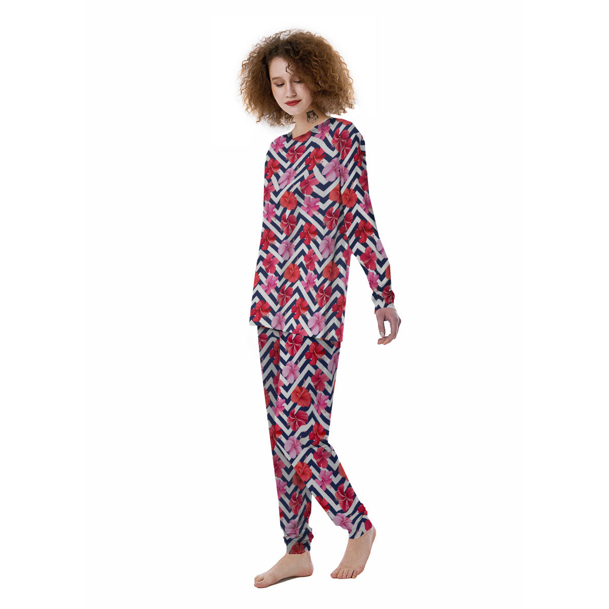 Hibiscus Zigzag Pink Print Pattern Women's Pajamas-grizzshop