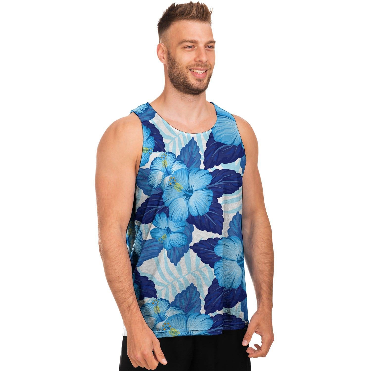 Hibiscus Blue Hawaiian Print Men's Tank Tops-grizzshop