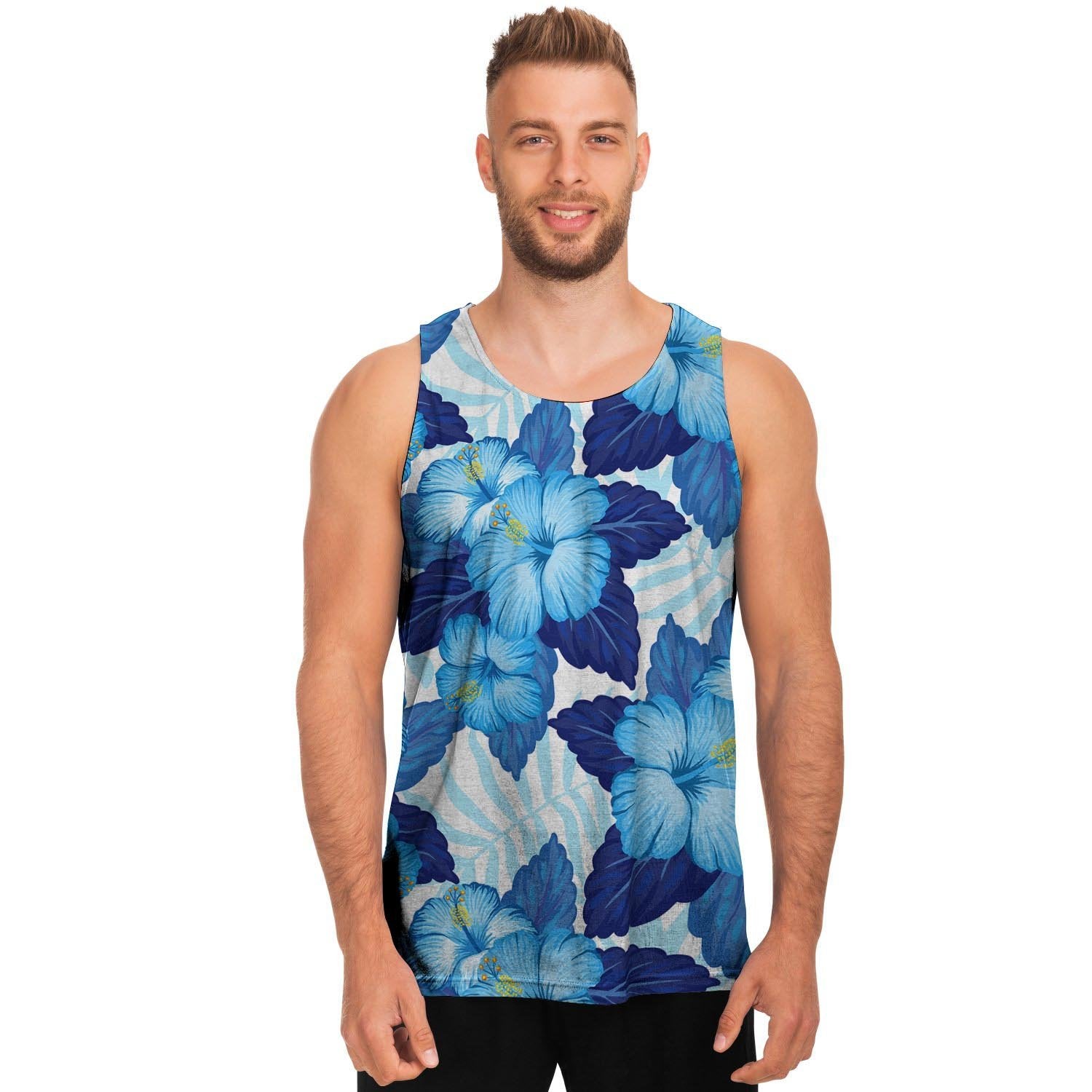 Hibiscus Blue Hawaiian Print Men's Tank Tops-grizzshop