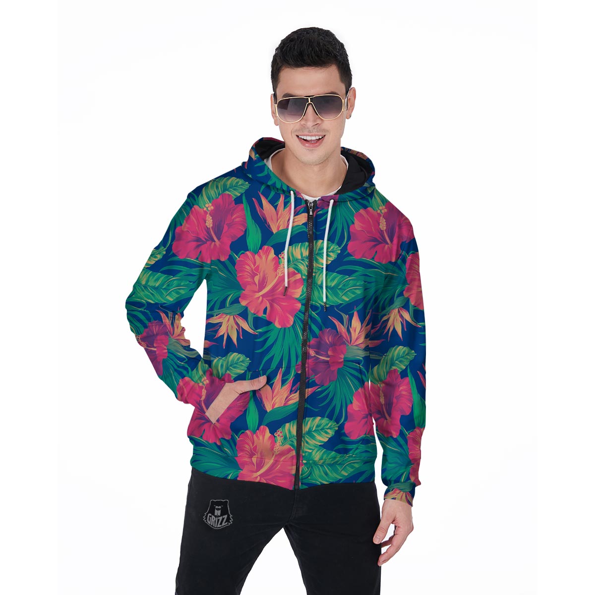 Hibiscus Hawaiian Flower Print Men's Zip Up Hoodie-grizzshop