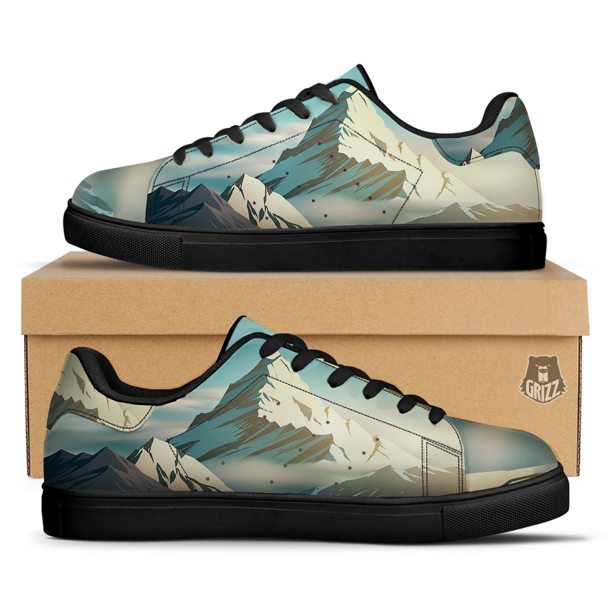 High Mountain Print Black Low Top Sneakers-grizzshop