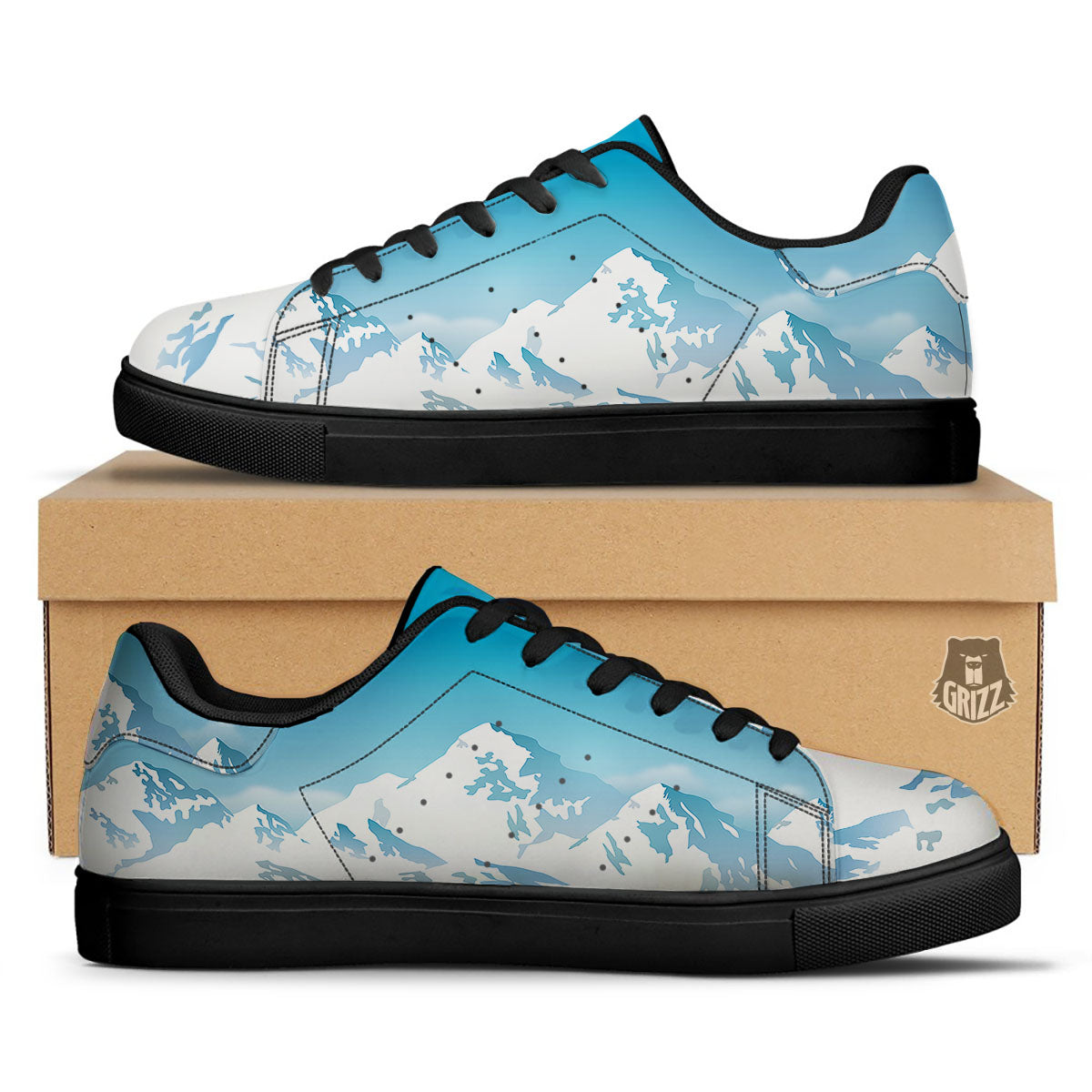 Himalaya Mountain Print Black Low Top Sneakers-grizzshop
