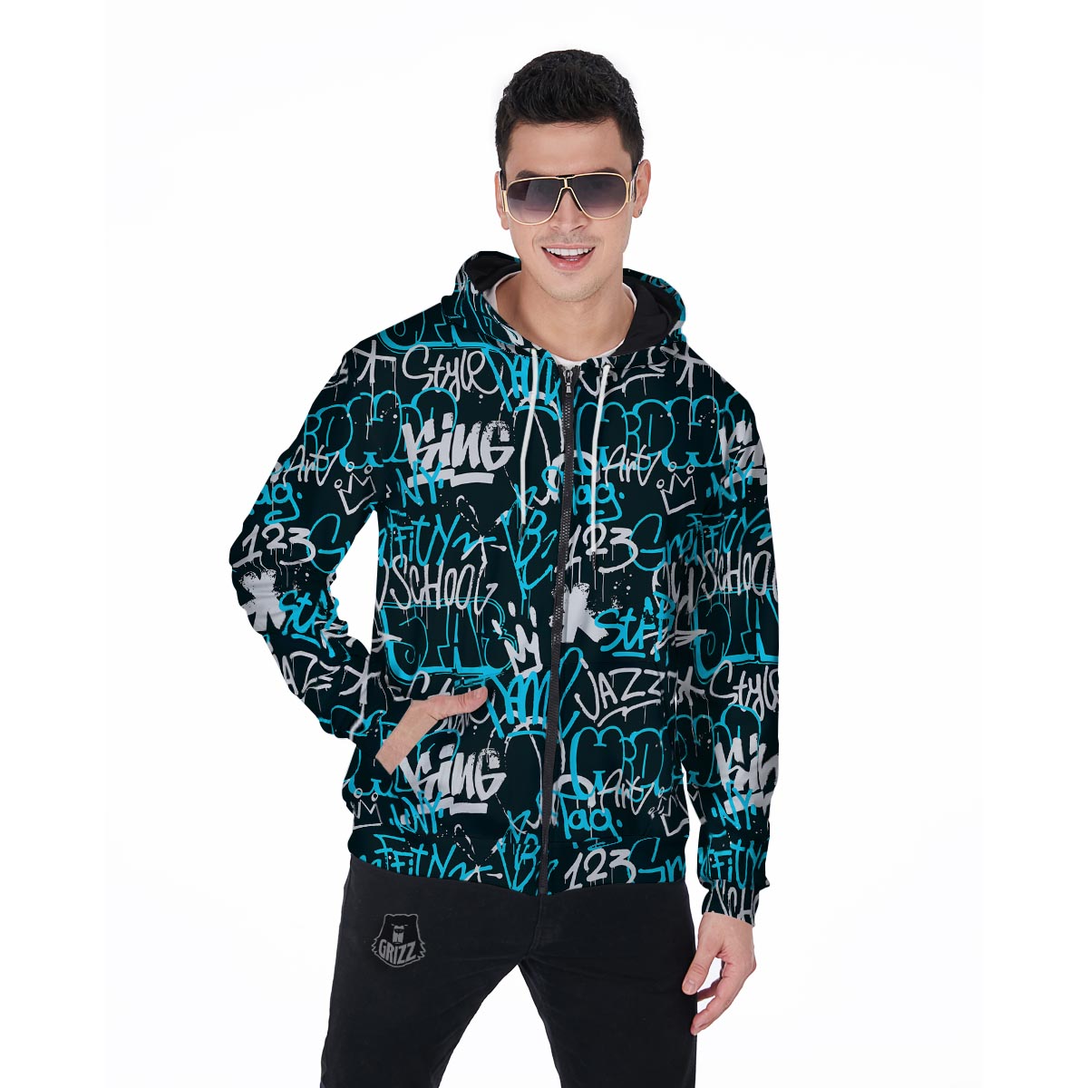 Hiphop Airbrush Print Men's Zip Up Hoodie-grizzshop