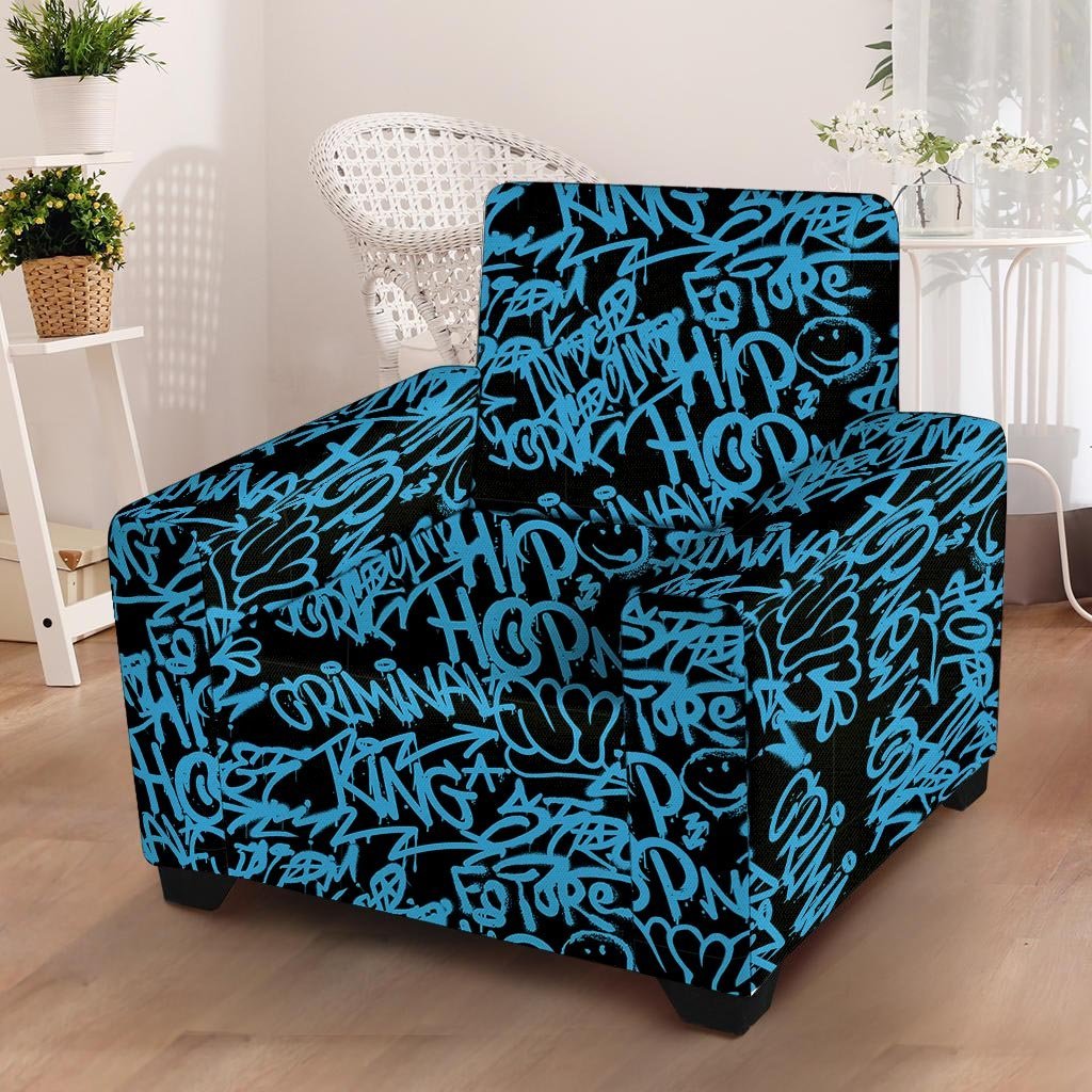 Hiphop Graffiti Blue Text Print Armchair Cover-grizzshop