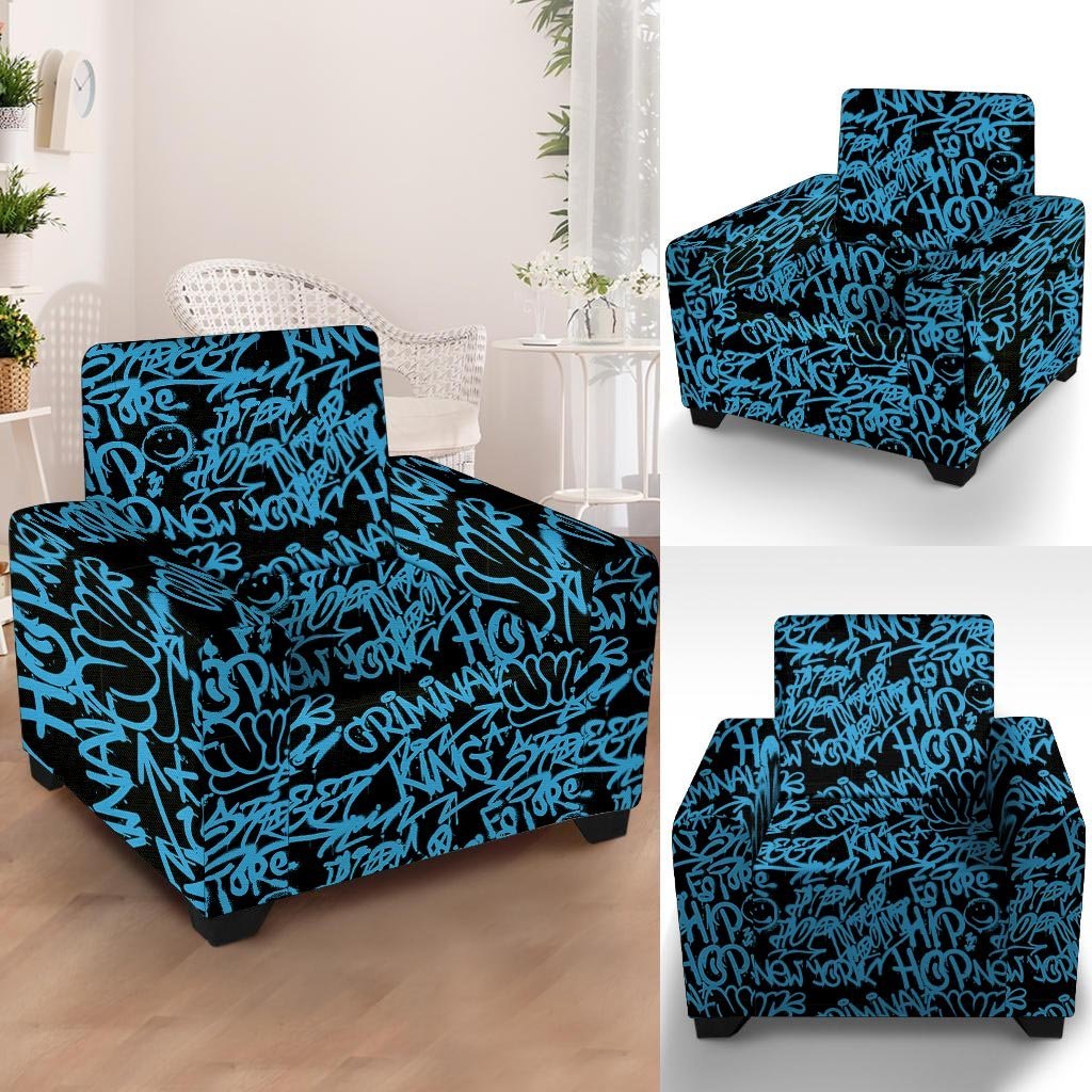 Hiphop Graffiti Blue Text Print Armchair Cover-grizzshop