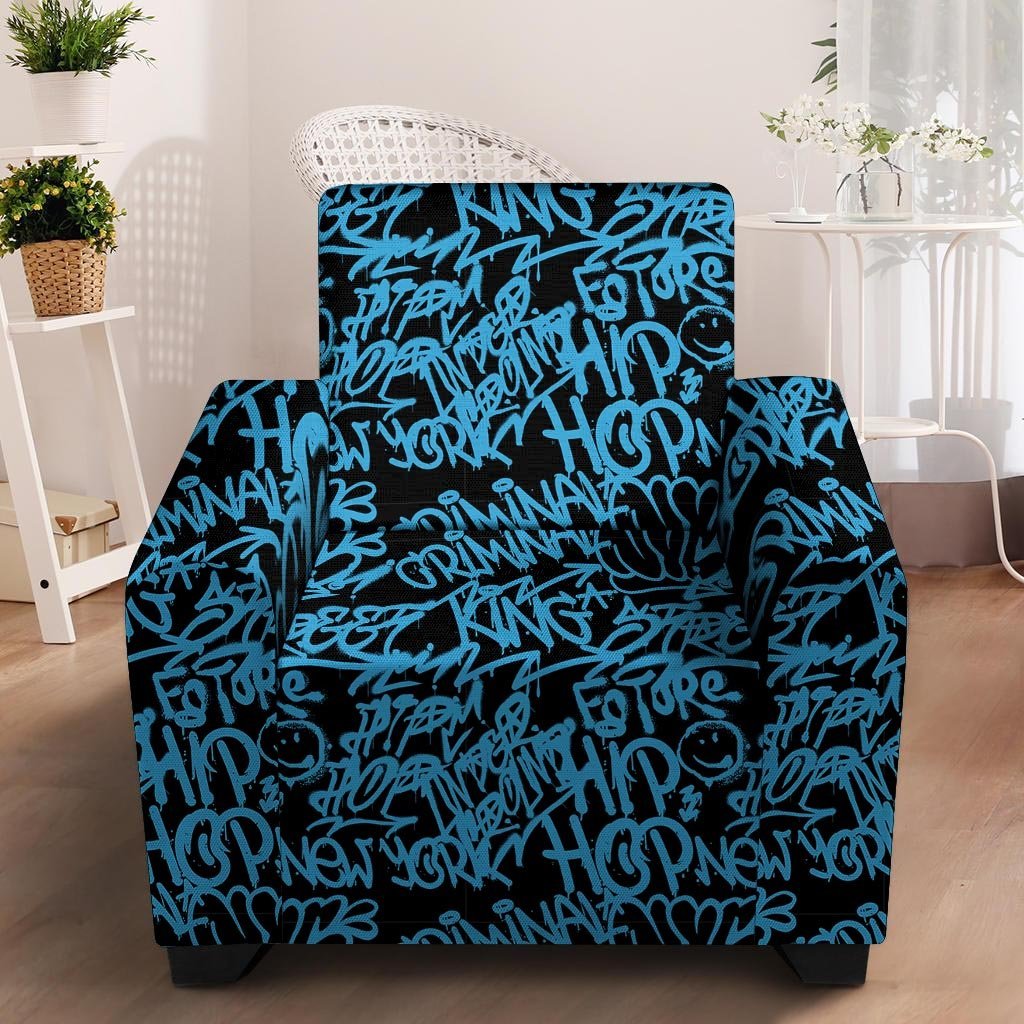 Hiphop Graffiti Blue Text Print Armchair Cover-grizzshop