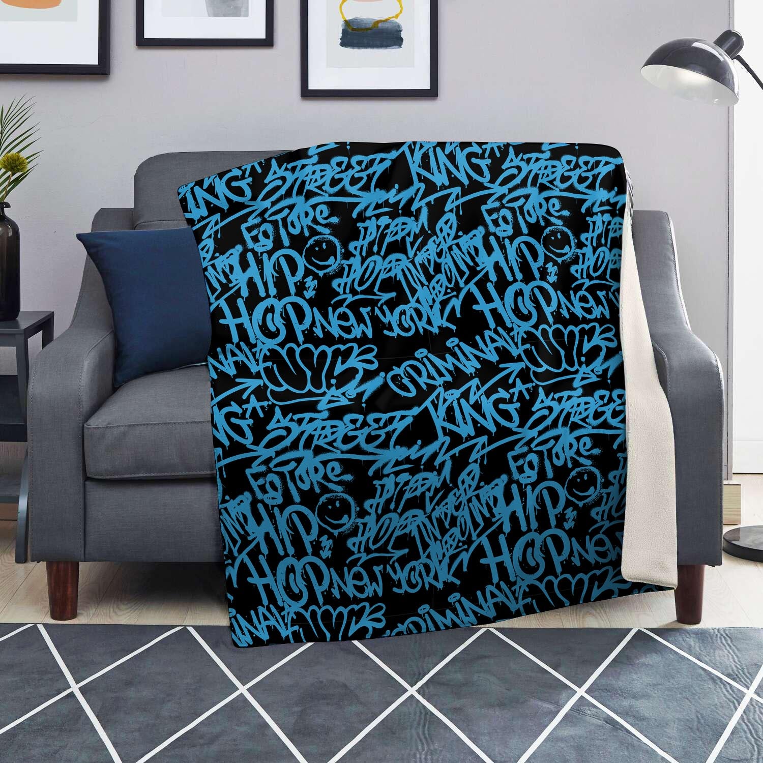 Hiphop Graffiti Blue Text Print Blanket-grizzshop