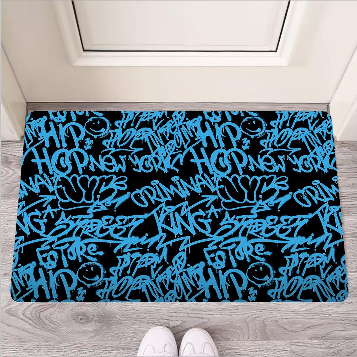 Hiphop Graffiti Blue Text Print Door Mat-grizzshop