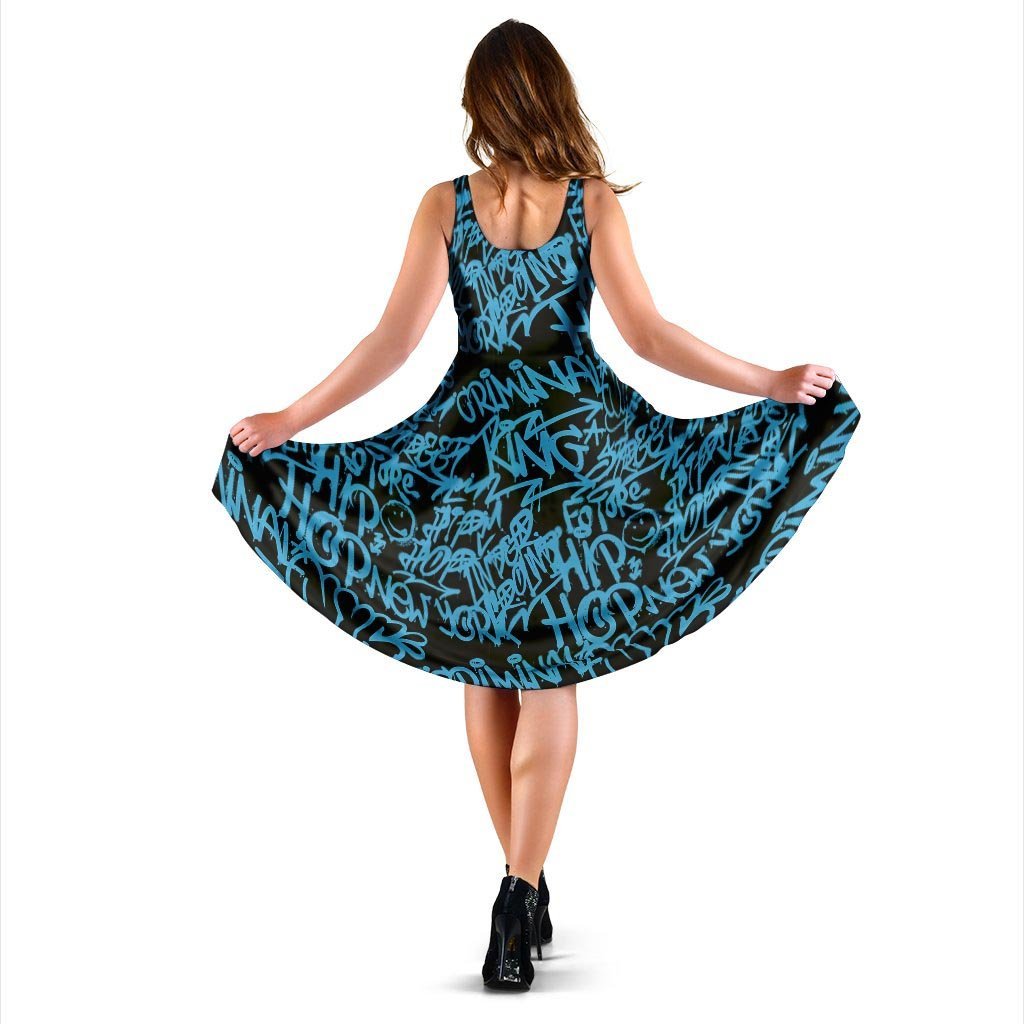 Hiphop Graffiti Blue Text Print Dress-grizzshop