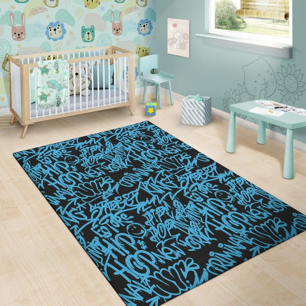 Hiphop Graffiti Blue Text Print Floor Mat-grizzshop