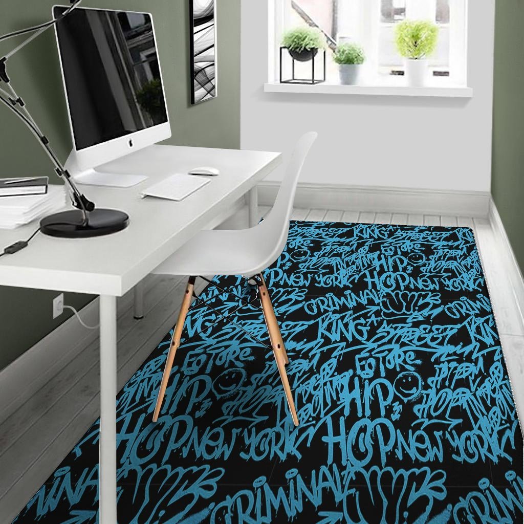 Hiphop Graffiti Blue Text Print Floor Mat-grizzshop