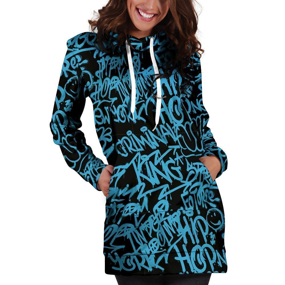 Hiphop Graffiti Blue Text Print Hoodie Dress-grizzshop