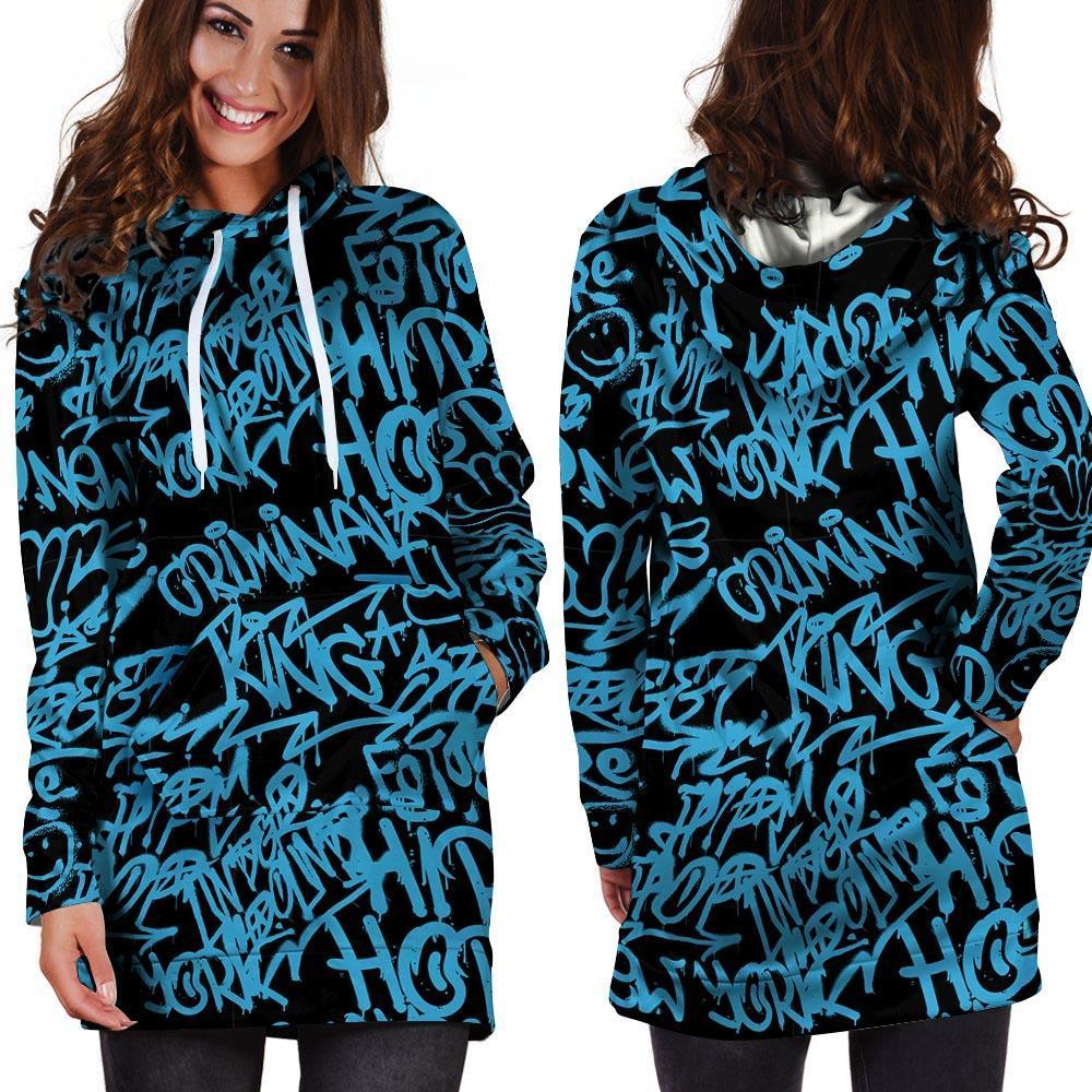 Hiphop Graffiti Blue Text Print Hoodie Dress-grizzshop