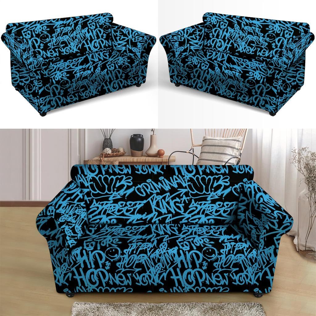 Hiphop Graffiti Blue Text Print Loveseat Cover-grizzshop