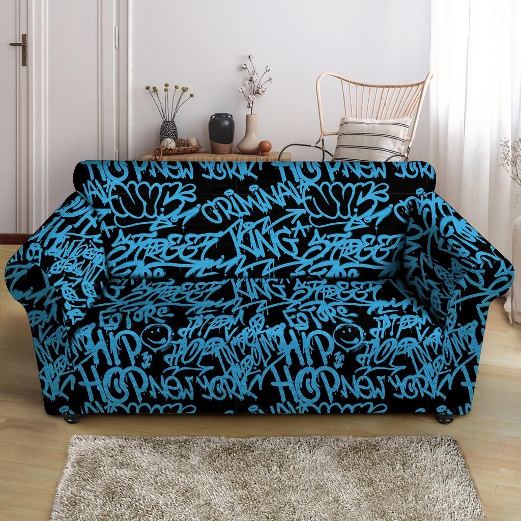 Hiphop Graffiti Blue Text Print Loveseat Cover-grizzshop