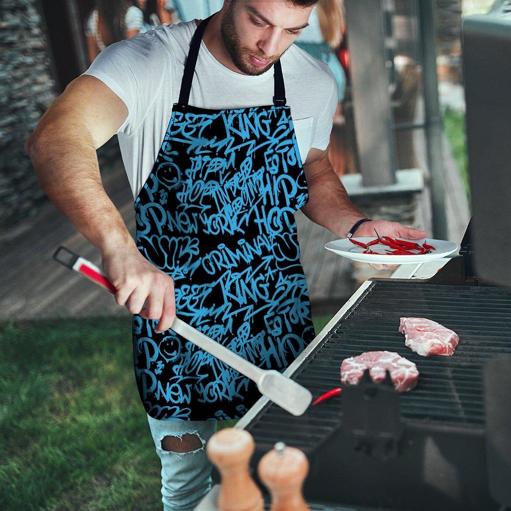 Hiphop Graffiti Blue Text Print Men's Apron-grizzshop