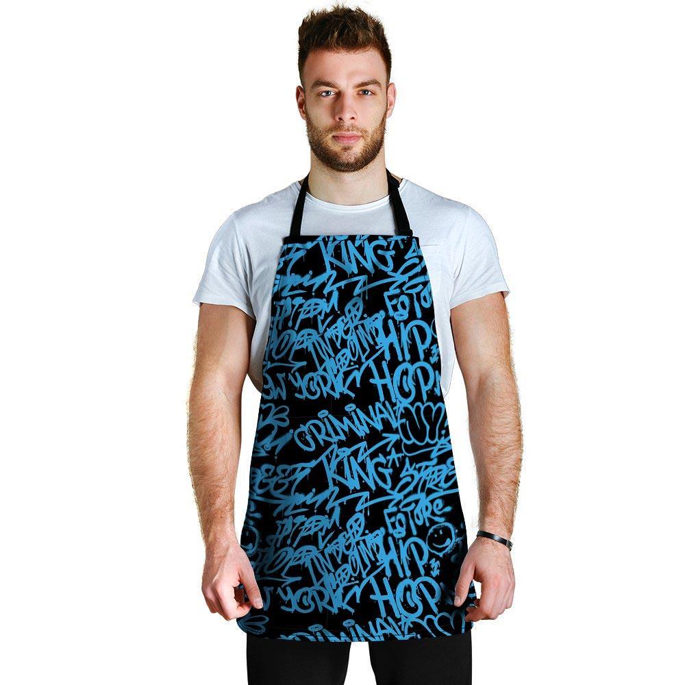 Hiphop Graffiti Blue Text Print Men's Apron-grizzshop