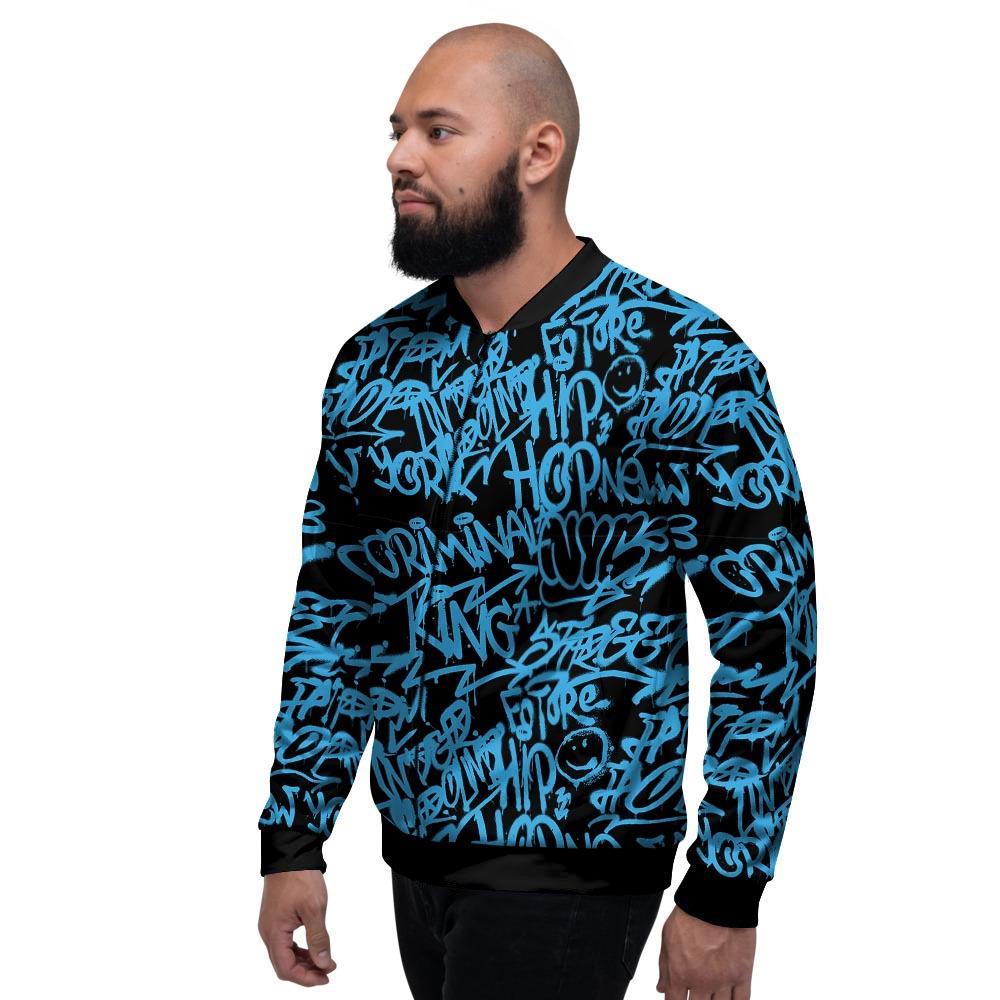 Hiphop Graffiti Blue Text Print Men's Bomber Jacket-grizzshop