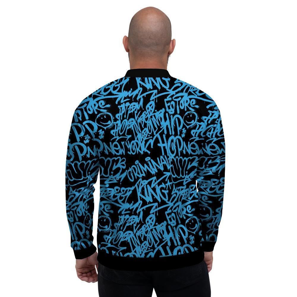 Hiphop Graffiti Blue Text Print Men's Bomber Jacket-grizzshop