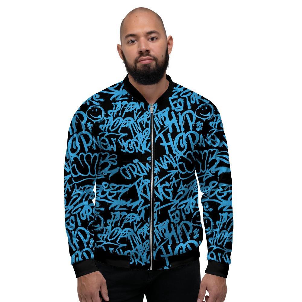 Hiphop Graffiti Blue Text Print Men's Bomber Jacket-grizzshop