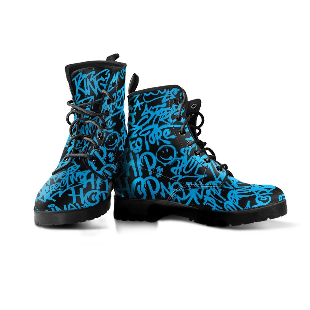 Hiphop Graffiti Blue Text Print Men's Boots-grizzshop