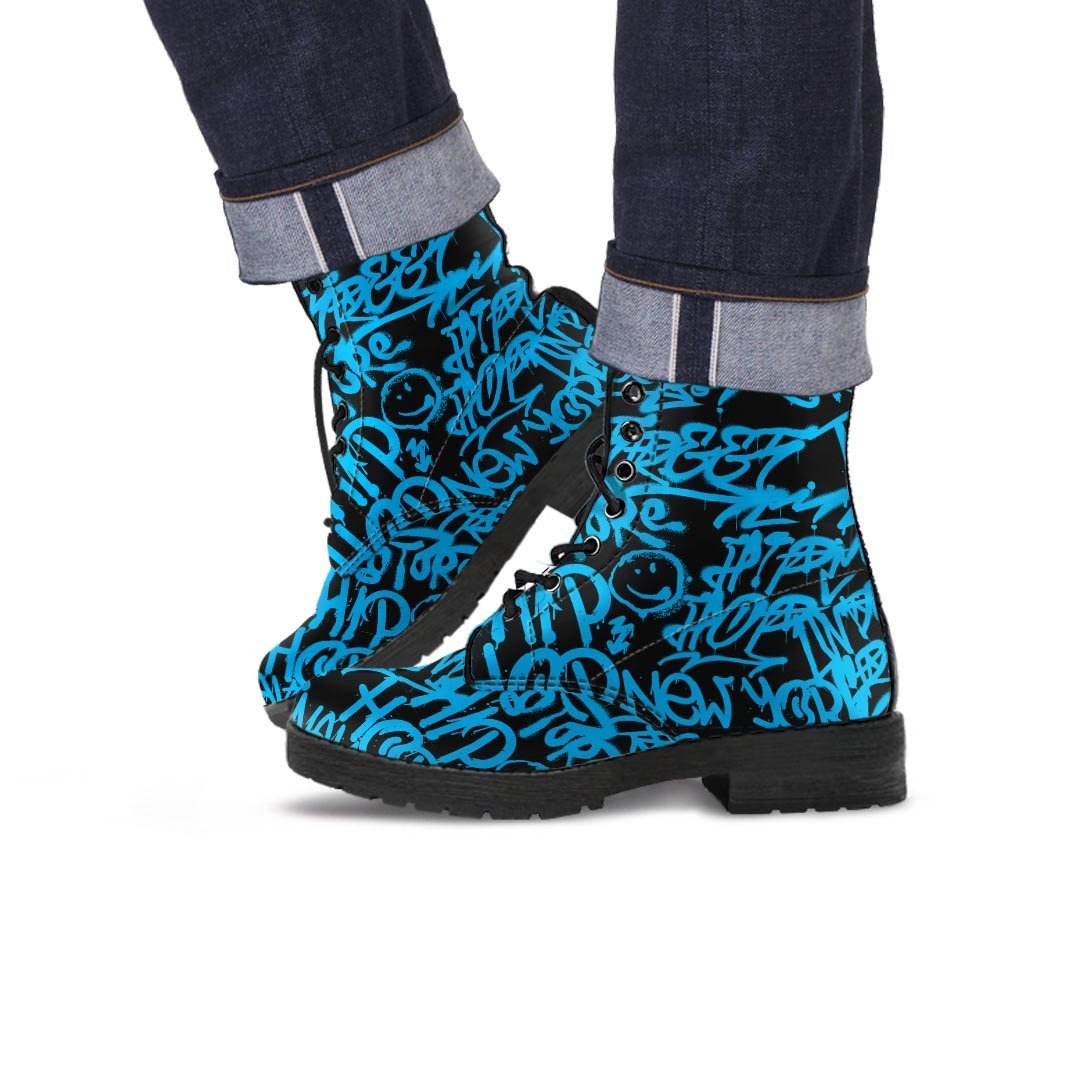 Hiphop Graffiti Blue Text Print Men's Boots-grizzshop