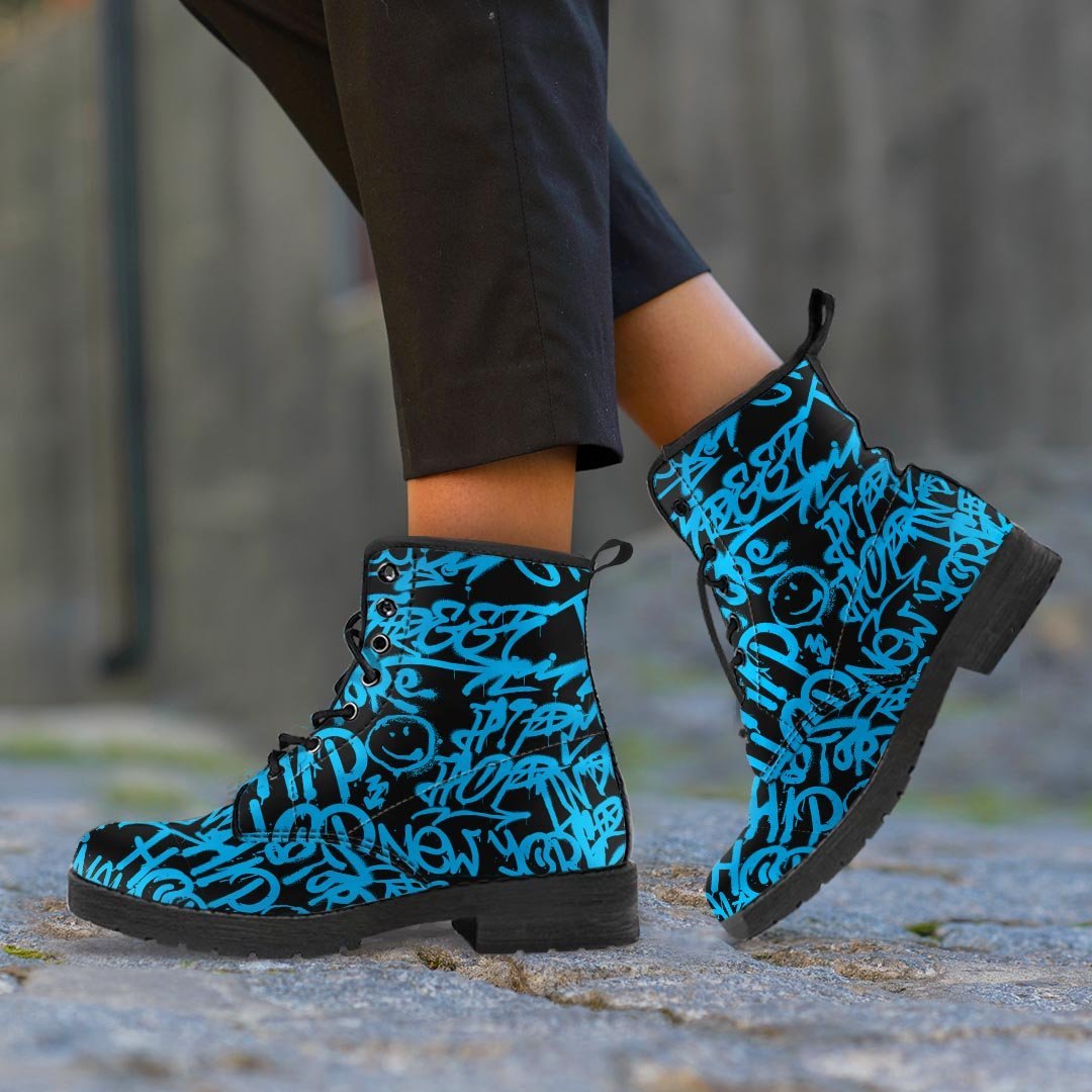 Hiphop Graffiti Blue Text Print Men's Boots-grizzshop