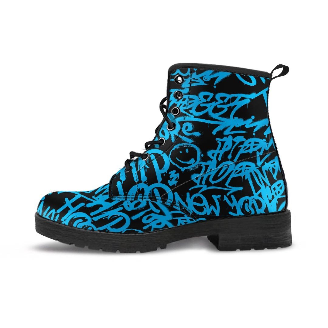 Hiphop Graffiti Blue Text Print Men's Boots-grizzshop