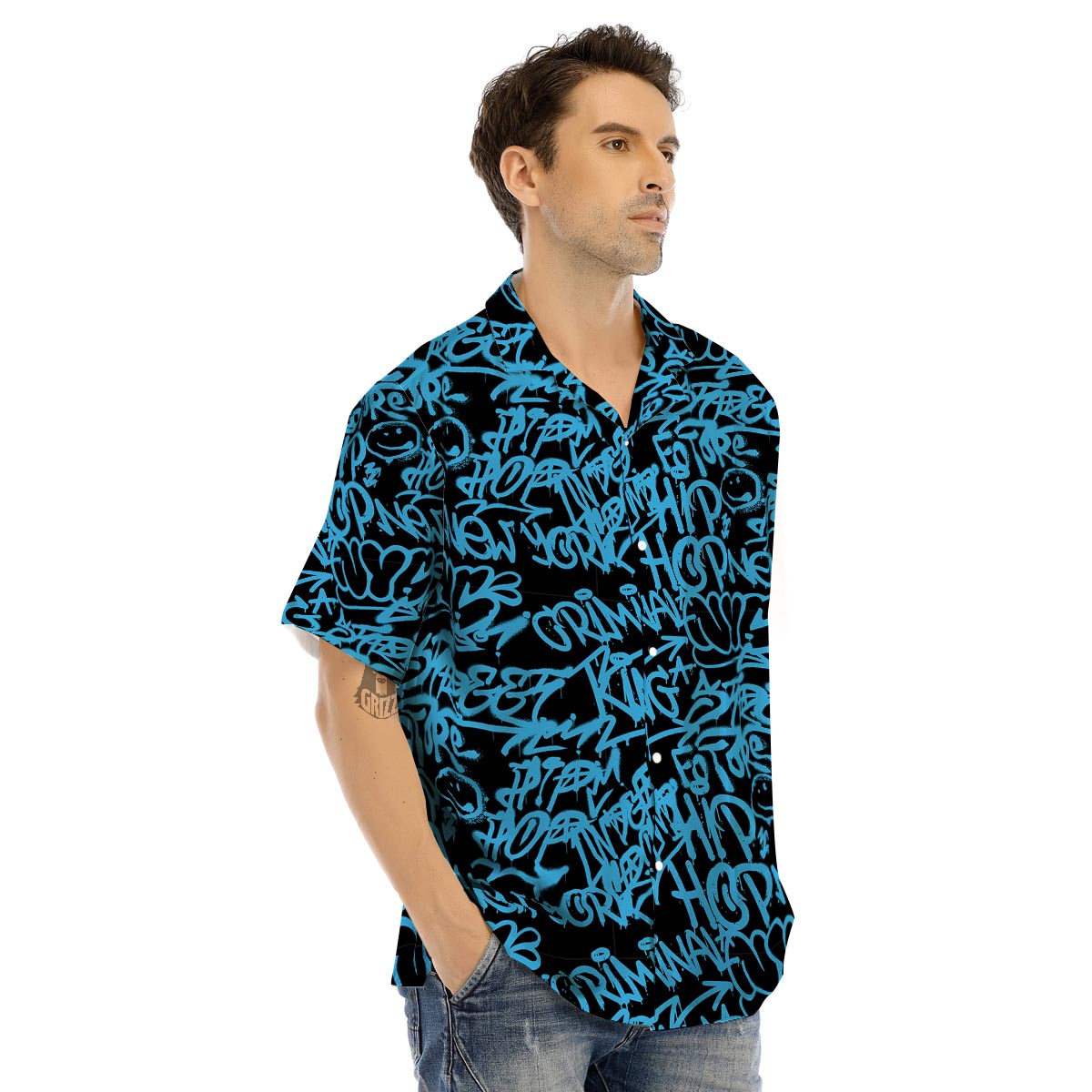 Hiphop Graffiti Blue Text Print Men’s Hawaiian Shirt-grizzshop