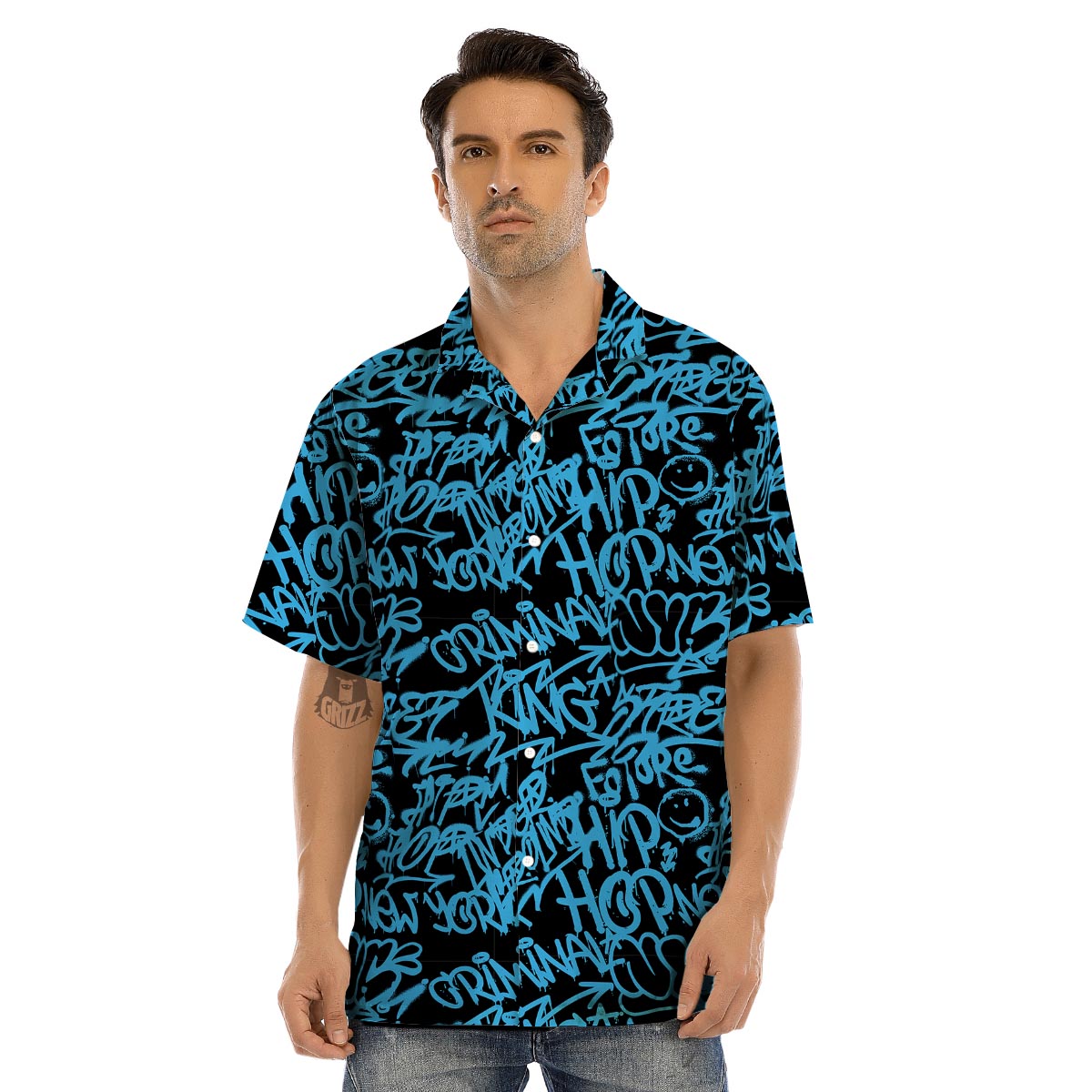 Hiphop Graffiti Blue Text Print Men’s Hawaiian Shirt-grizzshop