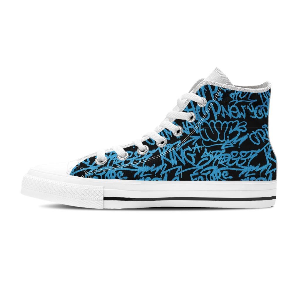 Hiphop Graffiti Blue Text Print Men's High Top Shoes-grizzshop