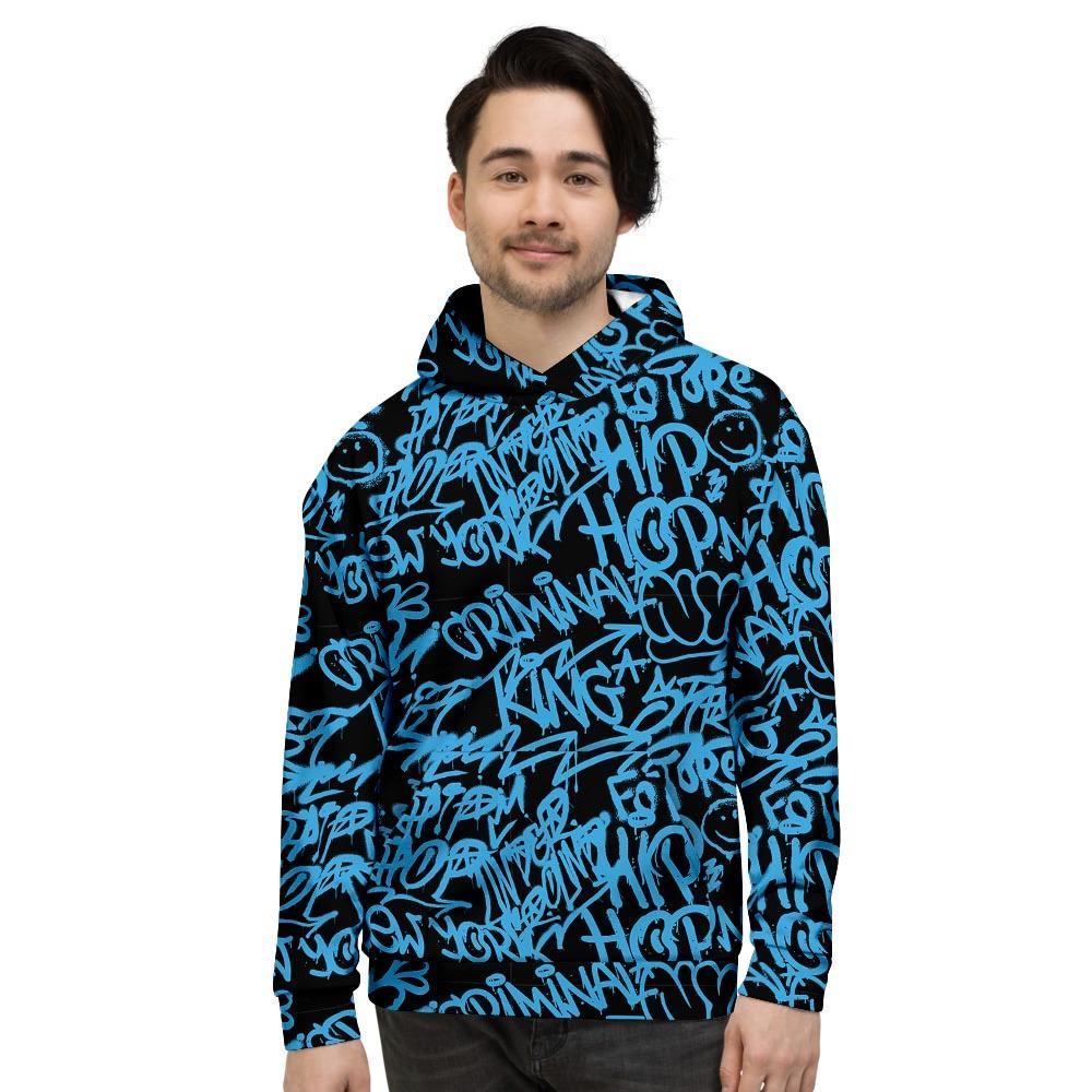 Hiphop Graffiti Blue Text Print Men's Hoodie-grizzshop