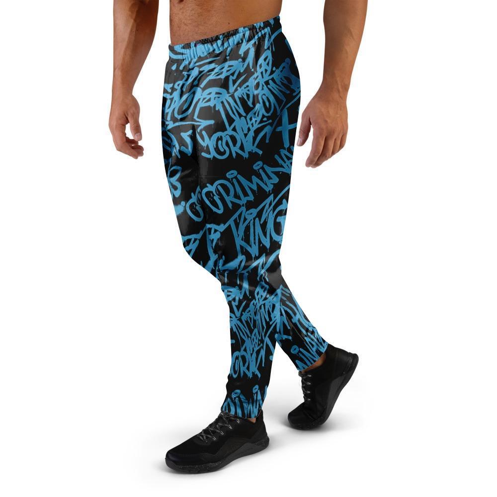 Hiphop Graffiti Blue Text Print Men's Joggers-grizzshop