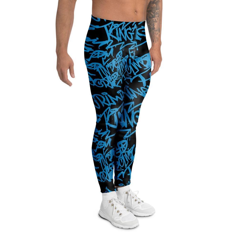 Hiphop Graffiti Blue Text Print Men's Leggings-grizzshop