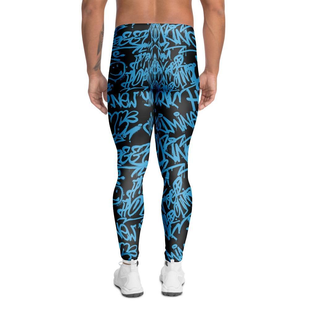 Hiphop Graffiti Blue Text Print Men's Leggings-grizzshop