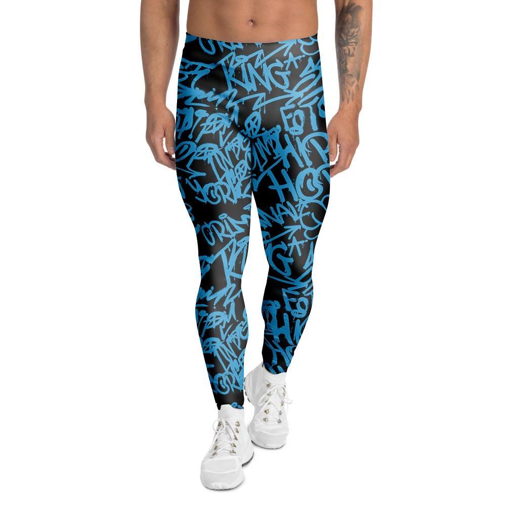 Hiphop Graffiti Blue Text Print Men's Leggings-grizzshop