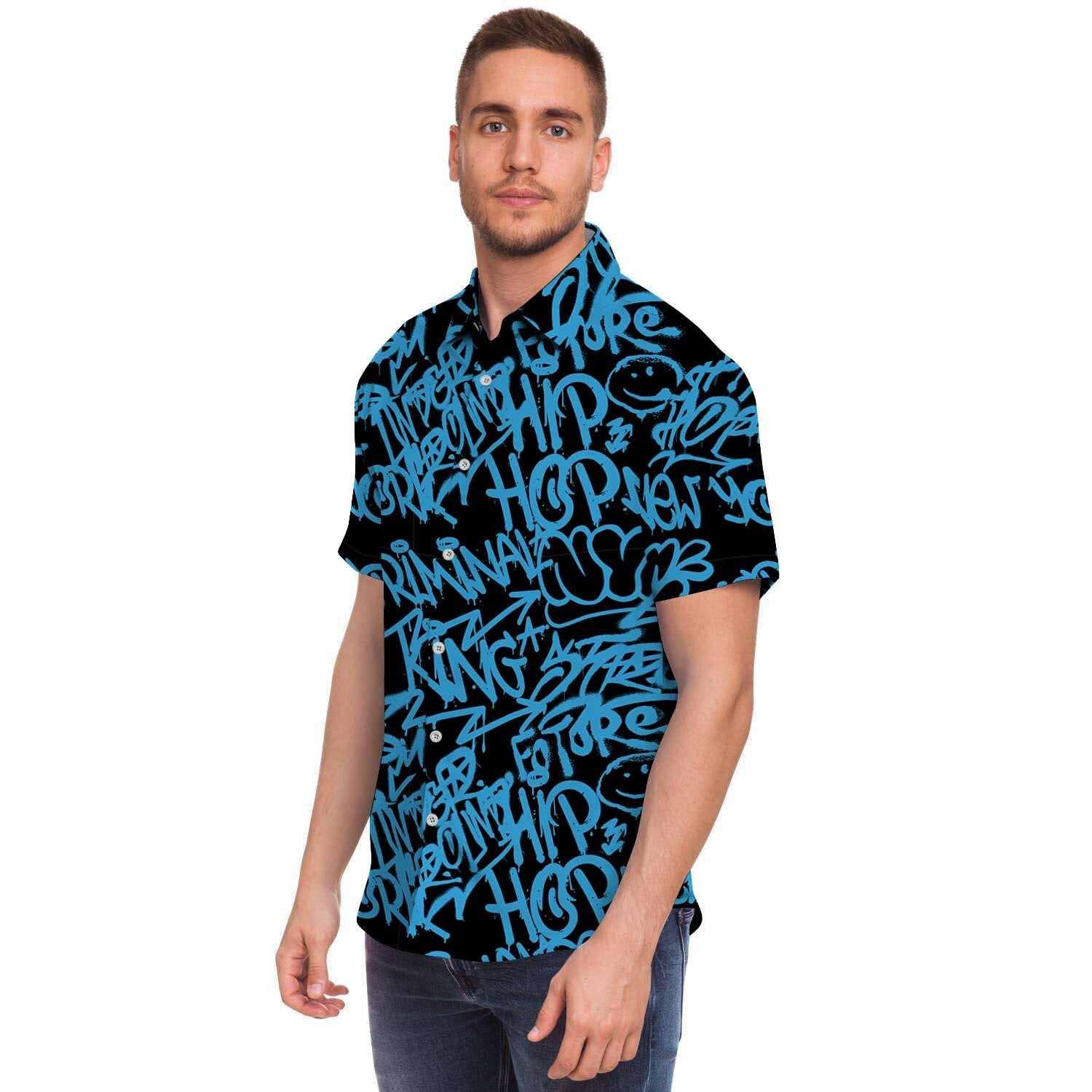 Hiphop Graffiti Blue Text Print Men's Short Sleeve Shirt-grizzshop