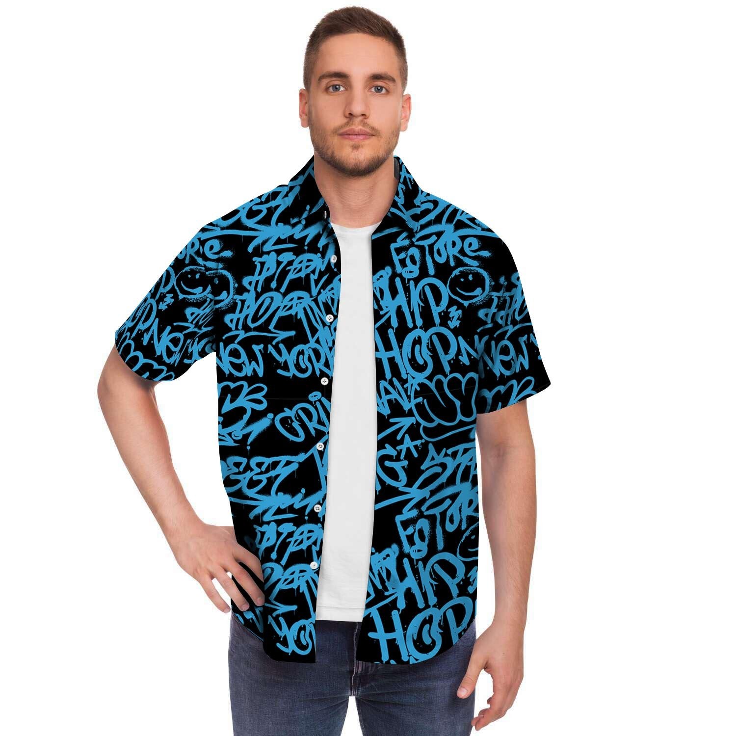 Hiphop Graffiti Blue Text Print Men's Short Sleeve Shirt-grizzshop