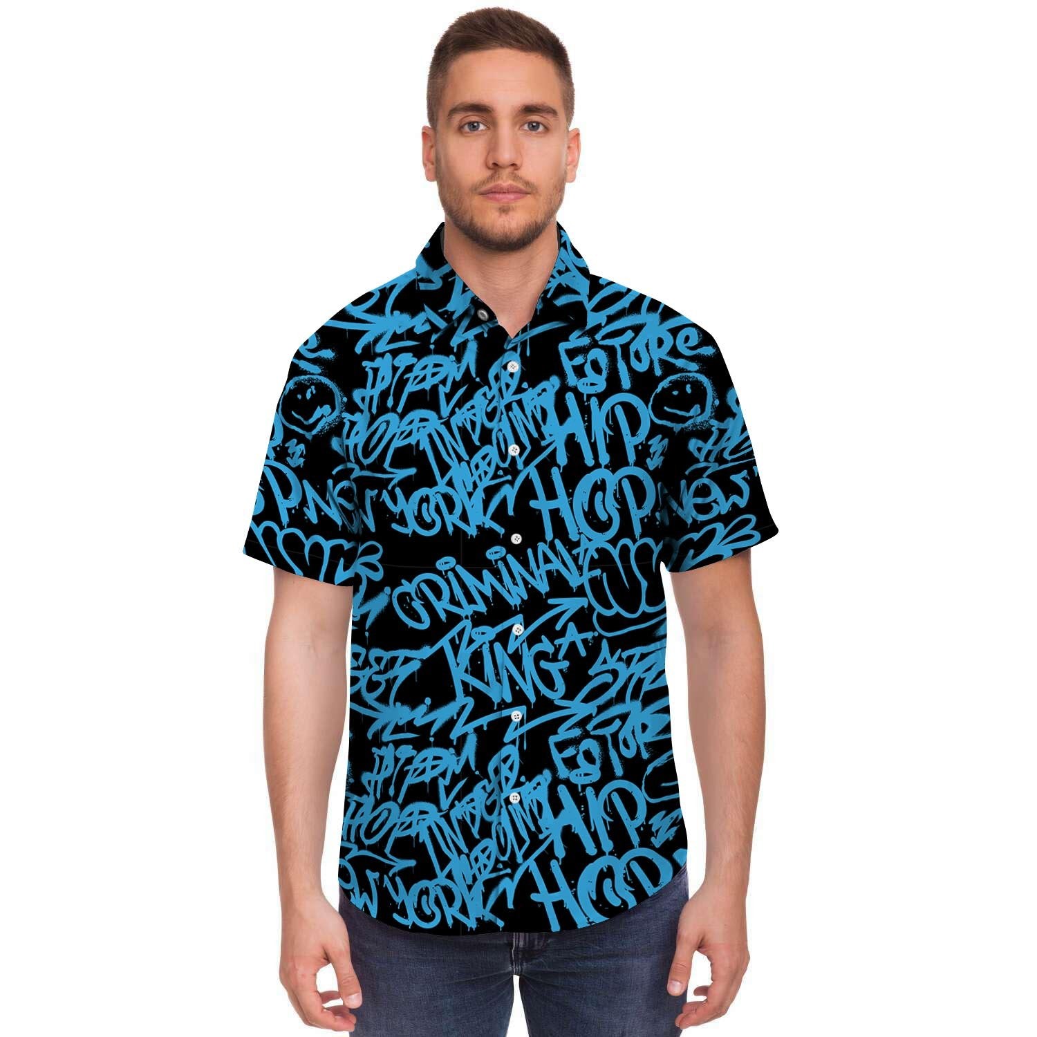 Hiphop Graffiti Blue Text Print Men's Short Sleeve Shirt-grizzshop