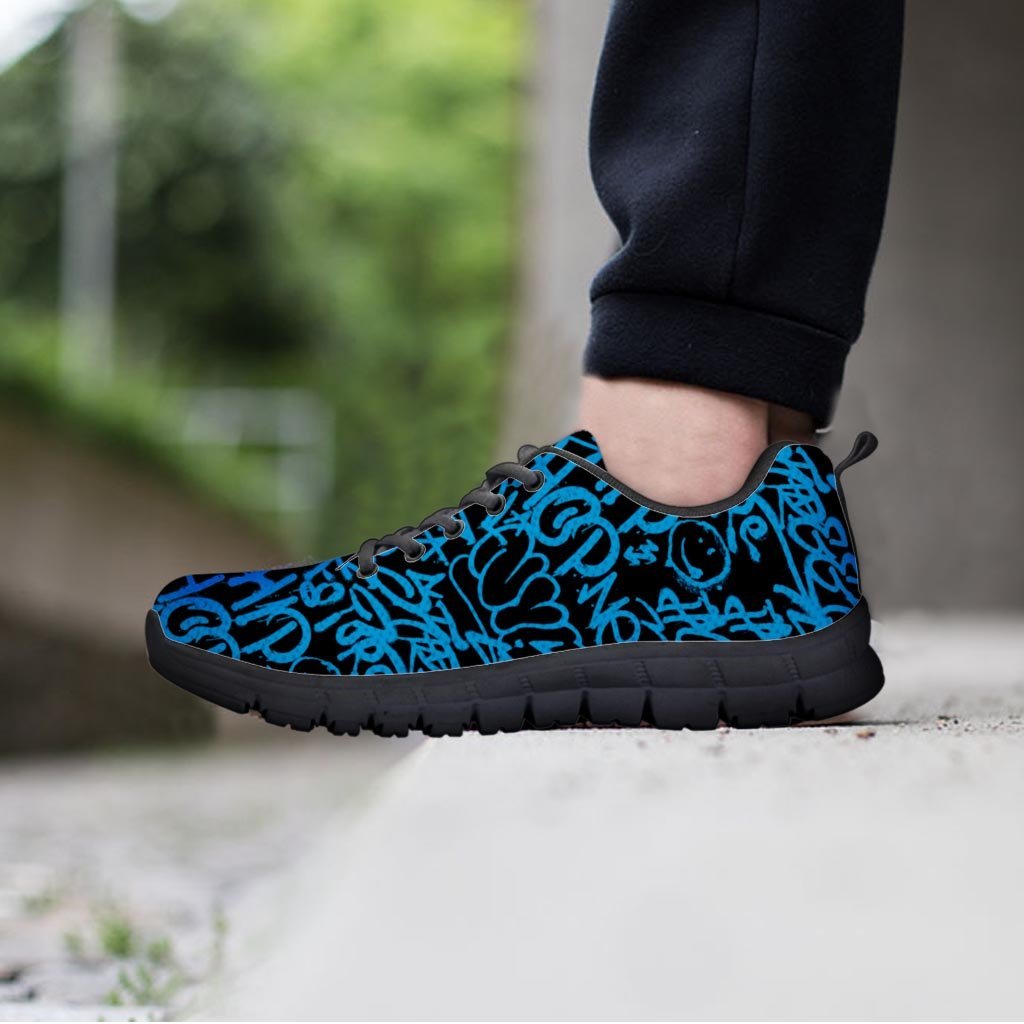 Hiphop Graffiti Blue Text Print Men's Sneakers-grizzshop