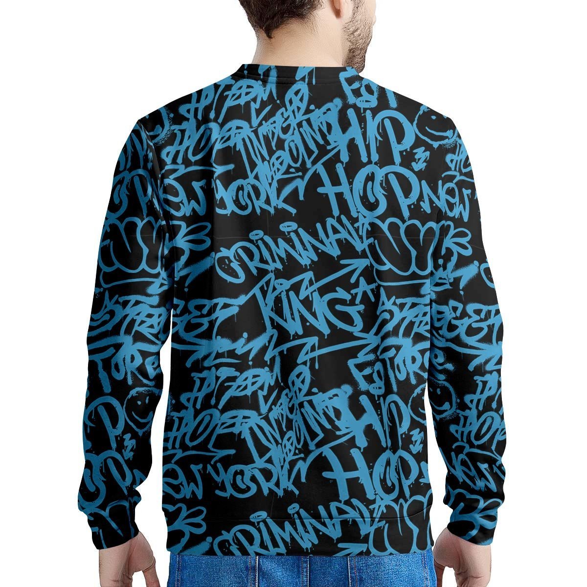 Hiphop Graffiti Blue Text Print Men's Sweatshirt-grizzshop