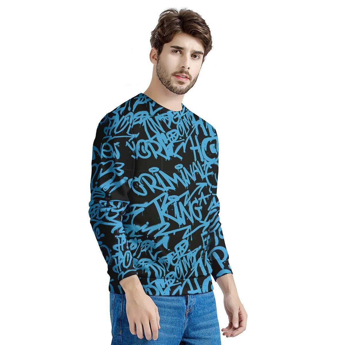 Hiphop Graffiti Blue Text Print Men's Sweatshirt-grizzshop