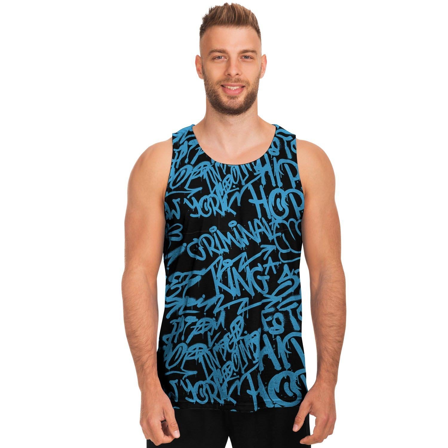 Hiphop Graffiti Blue Text Print Men's Tank Tops-grizzshop