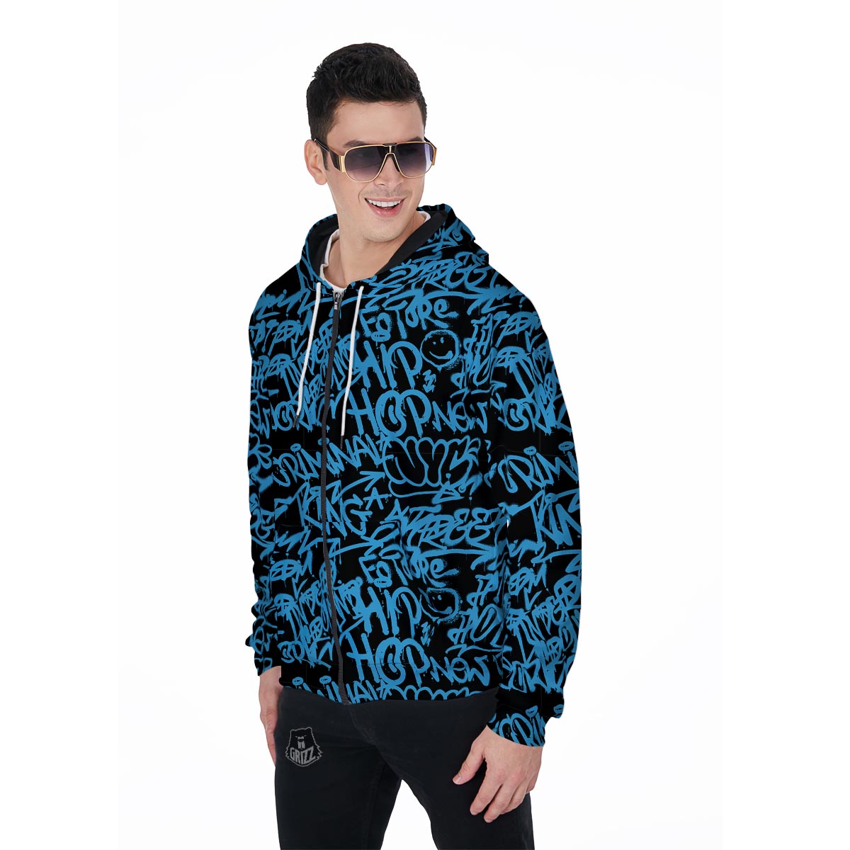 Hiphop Graffiti Blue Text Print Men's Zip Up Hoodie-grizzshop