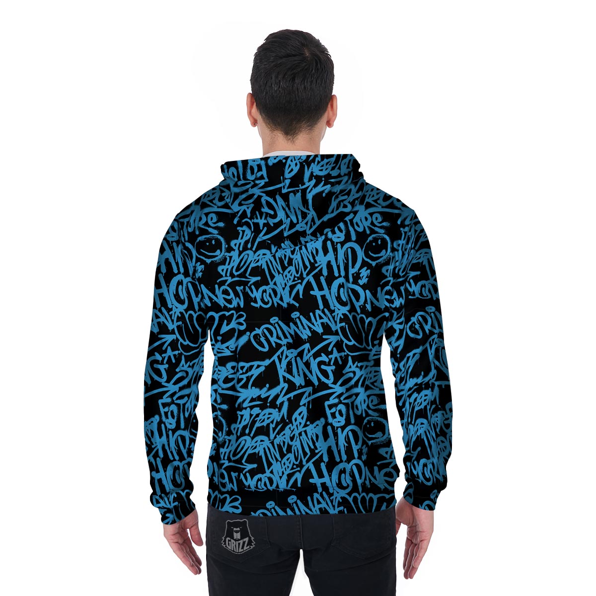 Hiphop Graffiti Blue Text Print Men's Zip Up Hoodie-grizzshop