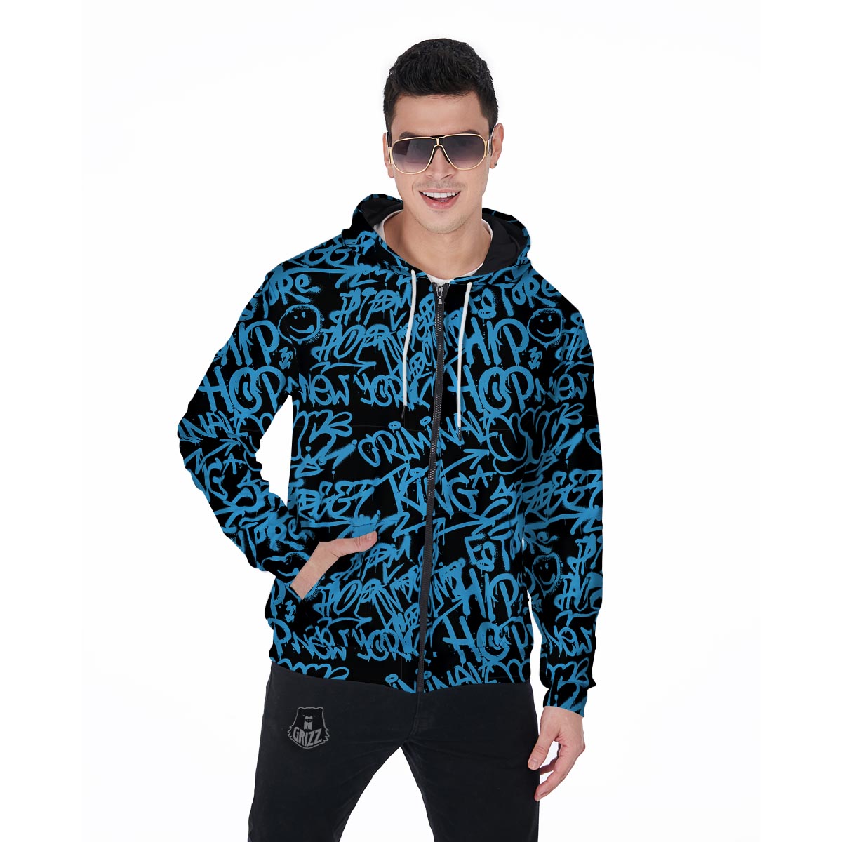 Hiphop Graffiti Blue Text Print Men's Zip Up Hoodie-grizzshop