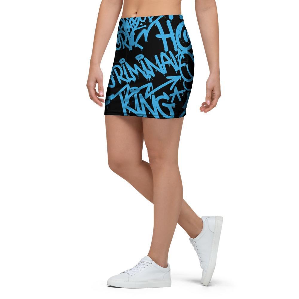 Hiphop Graffiti Blue Text Print Mini Skirt-grizzshop