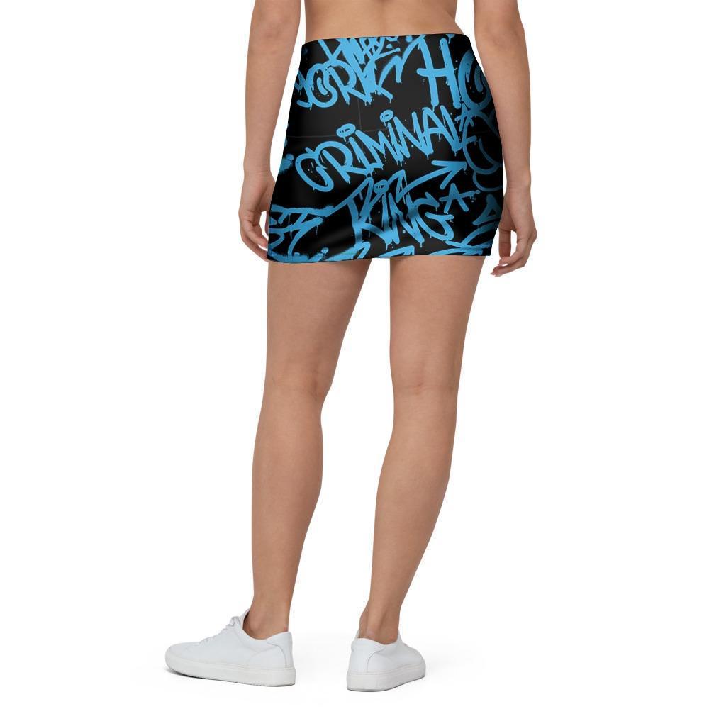 Hiphop Graffiti Blue Text Print Mini Skirt-grizzshop